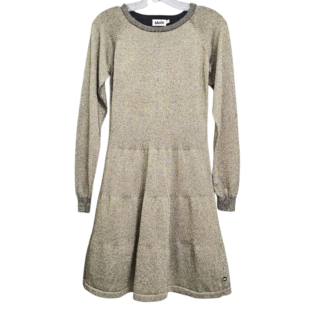 Molo Ceelia Nwot Metalic Gold Glitter Longsleeve Scoop Neck Tiered Knit  Dress